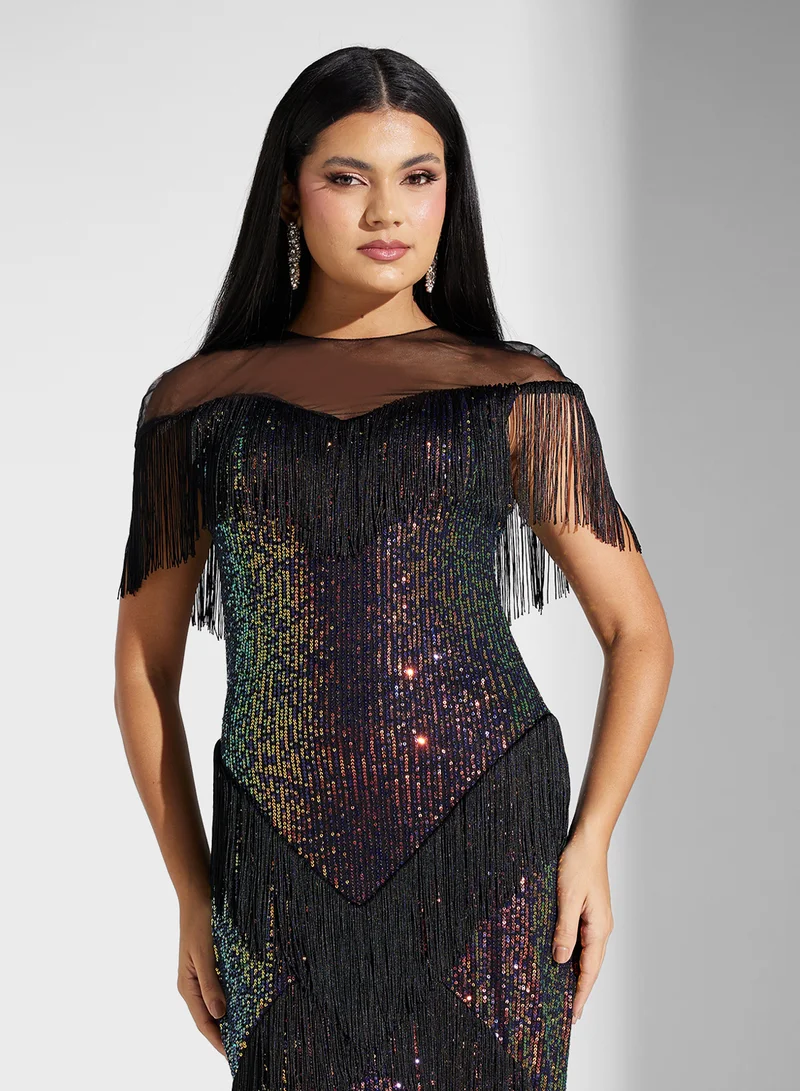 Akadia Fashion sequin tulle trim layers dress