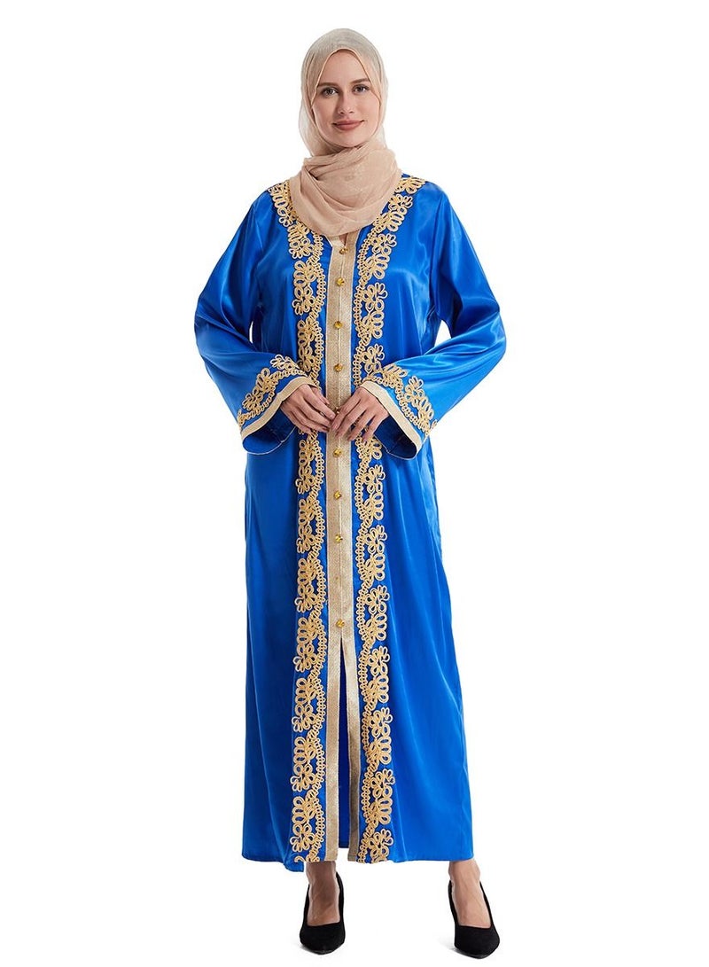 Loquat Lady's Fashion V-Neck Jacquard Weave Long Dress Long Sleeve Abaya Thobe Robe Without Headscarf Blue/Gold  - Image 1