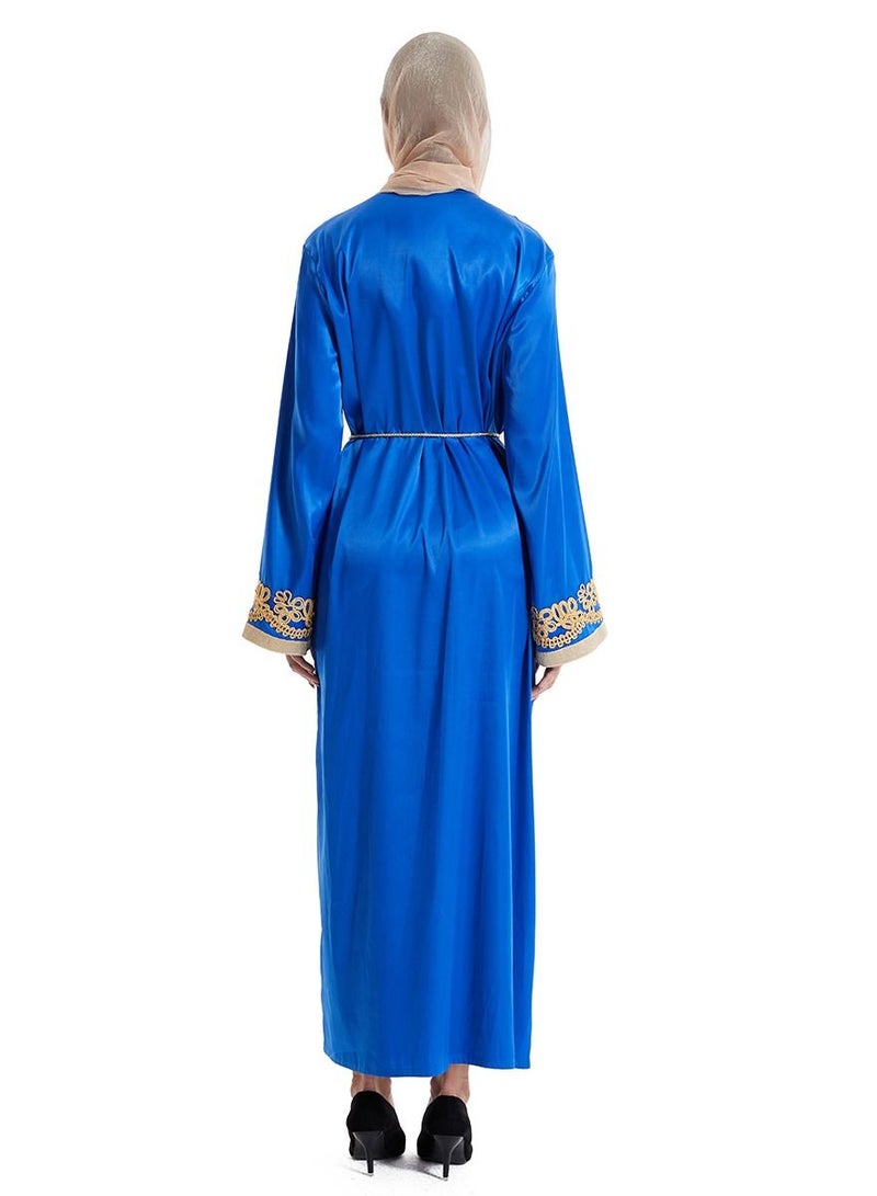 Loquat Lady's Fashion V-Neck Jacquard Weave Long Dress Long Sleeve Abaya Thobe Robe Without Headscarf Blue/Gold  - Image 2