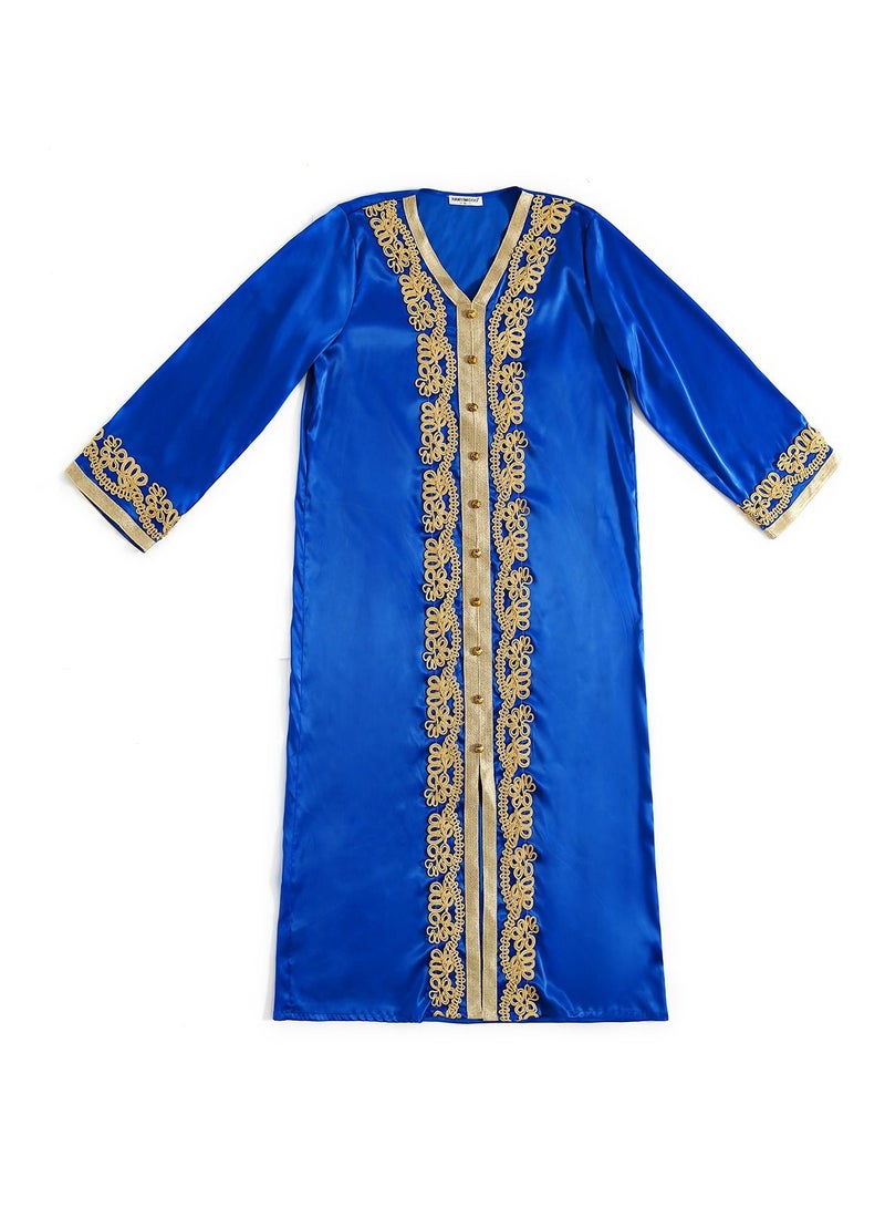 Loquat Lady's Fashion V-Neck Jacquard Weave Long Dress Long Sleeve Abaya Thobe Robe Without Headscarf Blue/Gold  - Image 3
