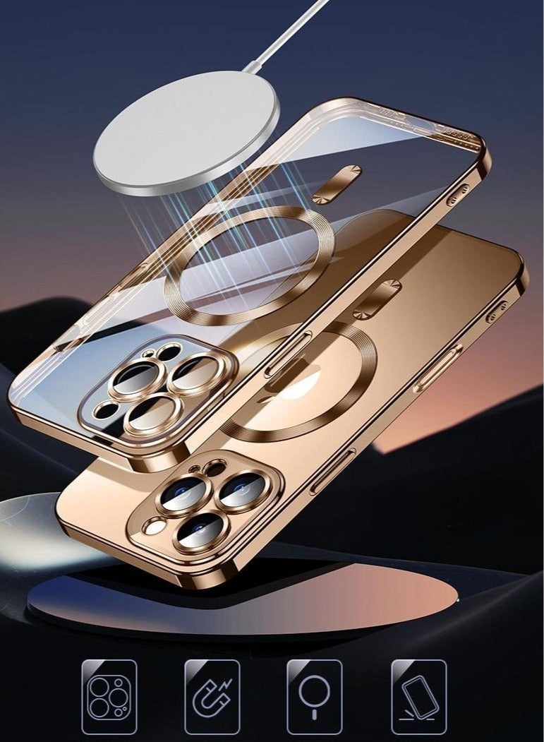 For iPhone 15 Pro Max Magnetic Clear Phoner Case Support MagSafe Charger Wireless Anti Scratch Shockproof Clear Four Corner Cushion Screen Protector Anti Dropping Full Body Protection Cover 【N52 Stronger Magnets】Anti-Yellow&Anti-Scratch, Ultra Slim, Desert Gold - Image 5