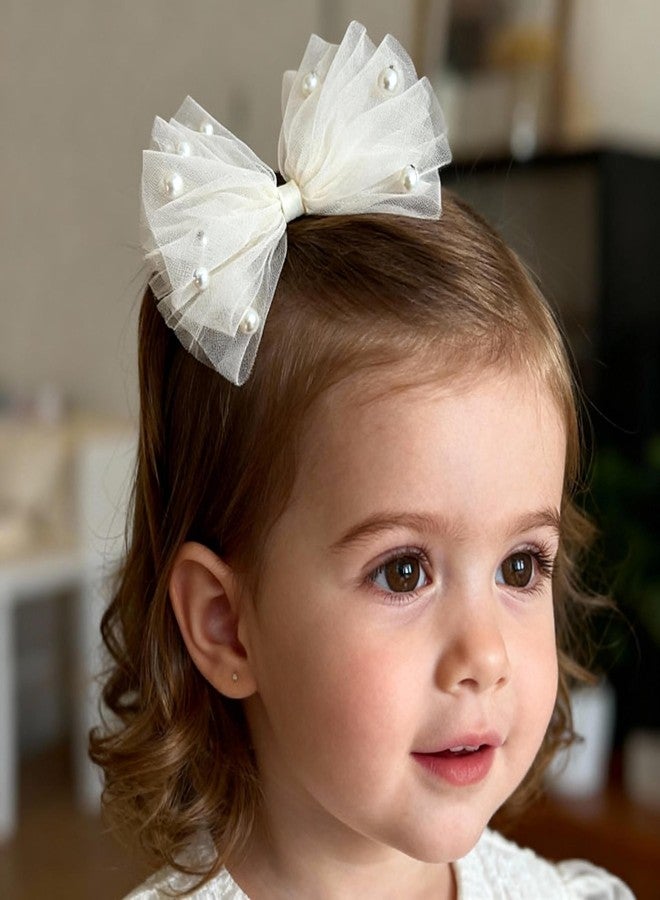 ICKEYOU Baby Girls Toddlers Handmade Lace Bow Hair Clips Non-Tug No Scratch Breathable Smooth Metal Clips Pearl Accent Head Accessories Birthday Christenings Gifts Photoshoots (White Pearls, Medium) - Image 2