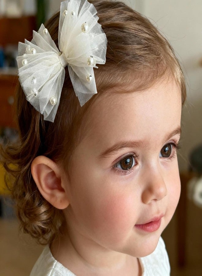 ICKEYOU Baby Girls Toddlers Handmade Lace Bow Hair Clips Non-Tug No Scratch Breathable Smooth Metal Clips Pearl Accent Head Accessories Birthday Christenings Gifts Photoshoots (White Pearls, Medium) - Image 4