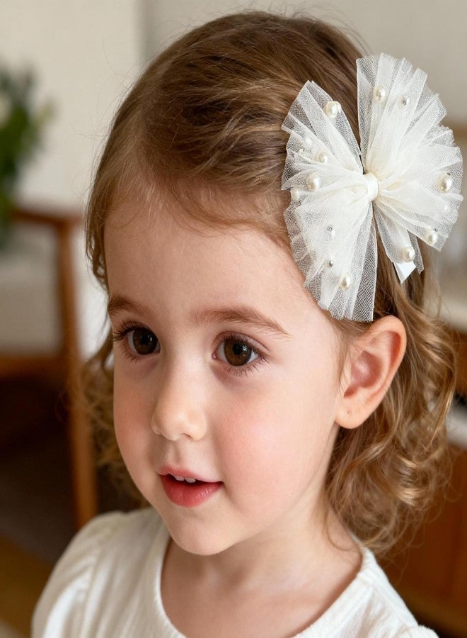 ICKEYOU Baby Girls Toddlers Handmade Lace Bow Hair Clips Non-Tug No Scratch Breathable Smooth Metal Clips Pearl Accent Head Accessories Birthday Christenings Gifts Photoshoots (White Pearls, Medium) - Image 3