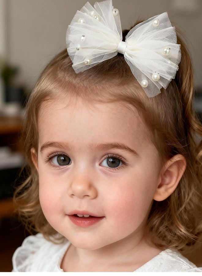 ICKEYOU Baby Girls Toddlers Handmade Lace Bow Hair Clips Non-Tug No Scratch Breathable Smooth Metal Clips Pearl Accent Head Accessories Birthday Christenings Gifts Photoshoots (White Pearls, Medium) - Image 1