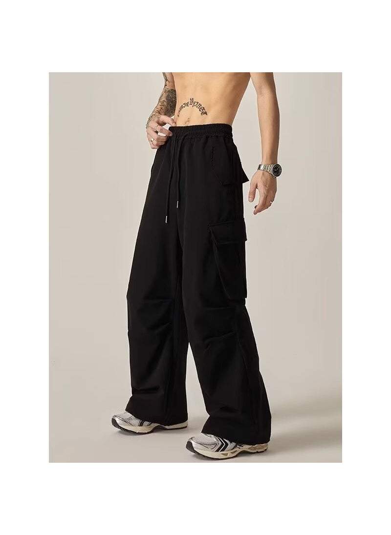 Generic - Trendy High Street Style Mens Casual Pants Loose Fit Straight Leg Fashionable Pocketed Bootleg Pants For Summer Black - Image 1