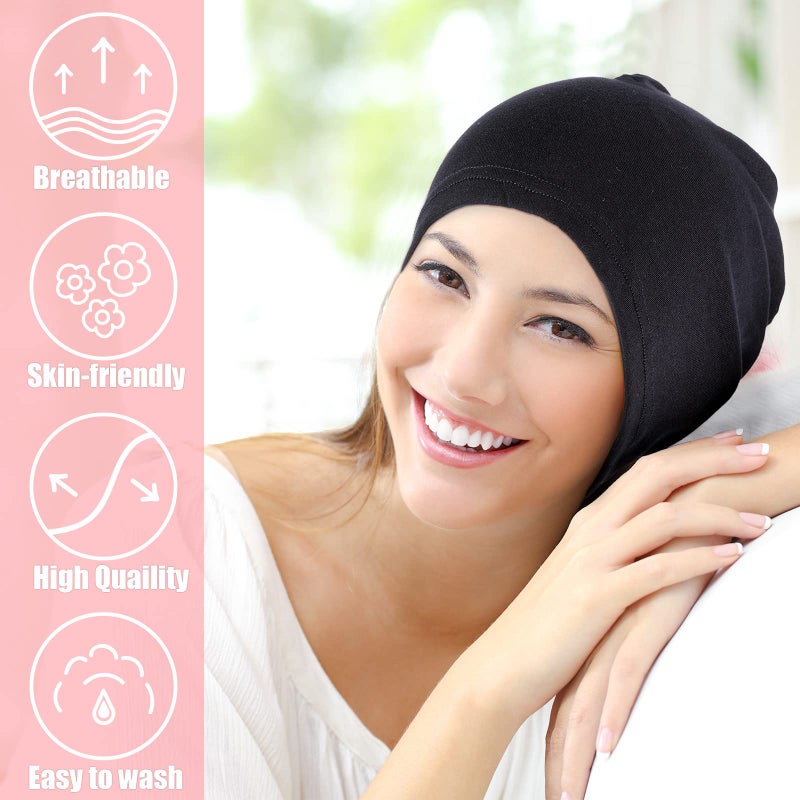Zhanmai Zhanmai 4 Pieces Fiber Sleep Cap Multifunctional Skull Caps Headwear Frizzy Hair Sleep Hat Breathable Hair Sleeping Cap Helmet Liner Hard Hat Beanie Cap for Women Black - Image 4