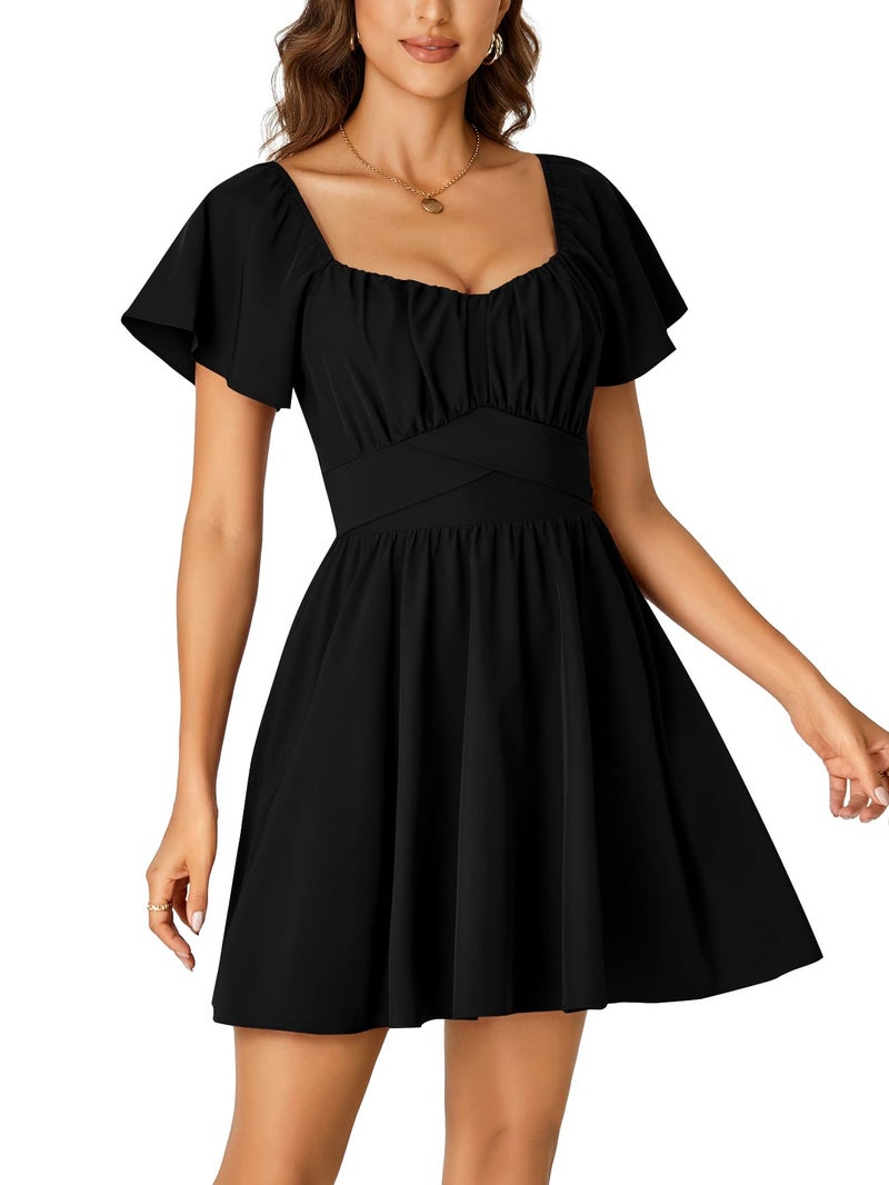 Rooscier Women's Tie Back Square Neck Wrap Ruffle Short Sleeve Flare Mini Dress Black Large - Image 4