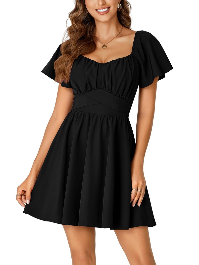 Rooscier Women's Tie Back Square Neck Wrap Ruffle Short Sleeve Flare Mini Dress Black Large - Image 2