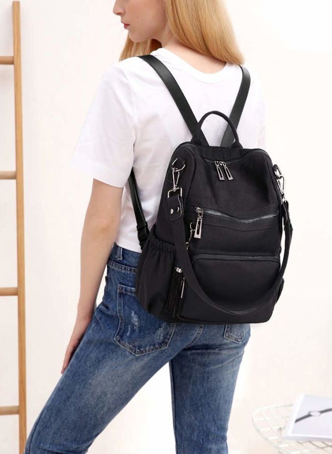 UTO Women Backpack Purse Nylon Fabric Ladies Fashion Designer Rucksack Convertible Travel Shoulder Bag with Tassel Black - Image 2