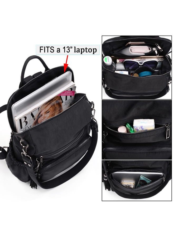 UTO Women Backpack Purse Nylon Fabric Ladies Fashion Designer Rucksack Convertible Travel Shoulder Bag with Tassel Black - Image 4