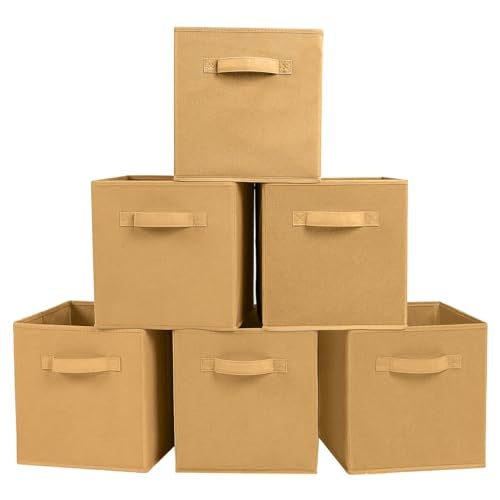 PowerKing Collapsible Storage Cubes with Handles, Fabric Foldable Bins for Closet Shelves, Durable Organization Storage Bins, 10.5'' x 11'' x 10.5'' (Khaki, 6Pack) - Image 1