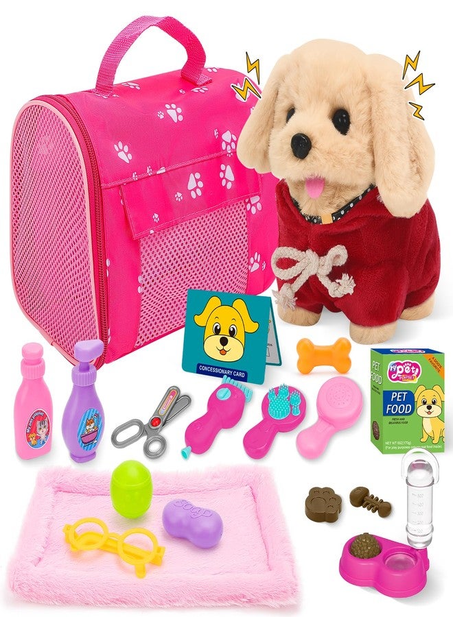 deAO Dog Toys for Kids Stuffed Dog Plush Toys with Carrier Cage,Pet Mat Pretend Play Puppy Pet Care Feeding Playset Toys Gifts for Boys Girls 3 4 5 6 Year Old - Image 1