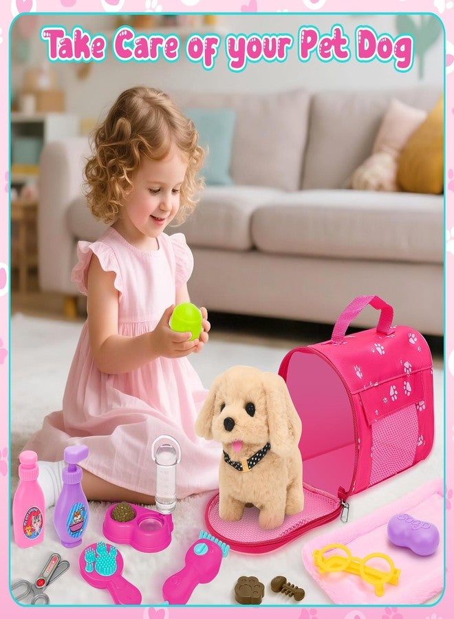 deAO Dog Toys for Kids Stuffed Dog Plush Toys with Carrier Cage,Pet Mat Pretend Play Puppy Pet Care Feeding Playset Toys Gifts for Boys Girls 3 4 5 6 Year Old - Image 4