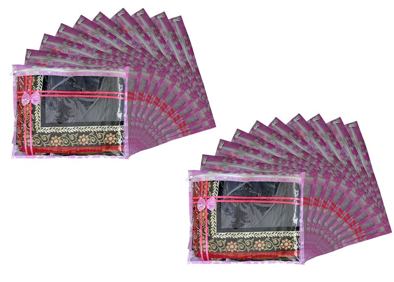 DIKHAWA Set of 20 Pcs Flower Design Non Woven Single Saree Cover Packing Bag with Zip Combo (Pink) - Image 5