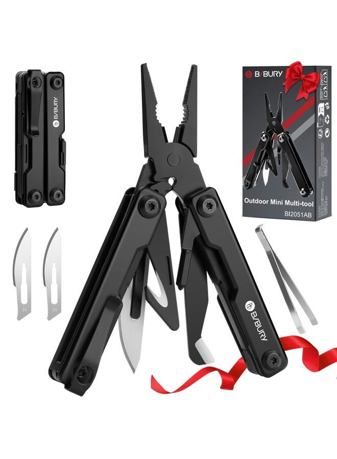 BIBURY Multitools, EDC Mini Pocket Tool, Foldable Pliers with Window Breaker, Multi Tool for Emergency and Daily Use, Birthday Gifts for Men Women, EDC Gadgets Stocking Fillers Gifts for Men Dad-Black - Image 1
