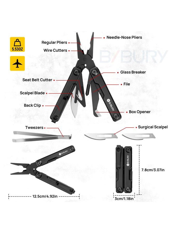 BIBURY Multitools, EDC Mini Pocket Tool, Foldable Pliers with Window Breaker, Multi Tool for Emergency and Daily Use, Birthday Gifts for Men Women, EDC Gadgets Stocking Fillers Gifts for Men Dad-Black - Image 2