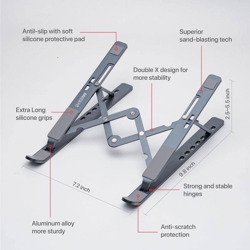 MegaStro ® Laptop Stand for Desk with 7 Adjustable Angles, Aluminum Ergonomic Foldable Portable Compatible with All Brands 6-17.3 [with Pouch] [with Wire Protectors] (Metallic Grey) - Image 2