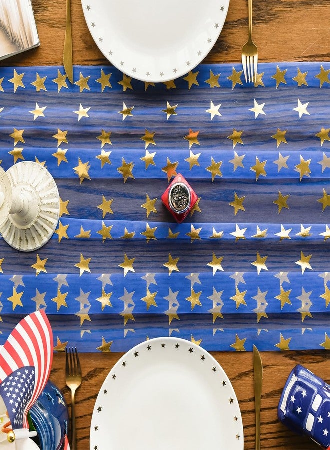 Artoid Mode 4th of July Gold Stars Blue Gauze Table Runner 120 Inch 10FT,Glitter Metallic Foil Sheer Dining Holiday Table Decor for Home Party - Image 3