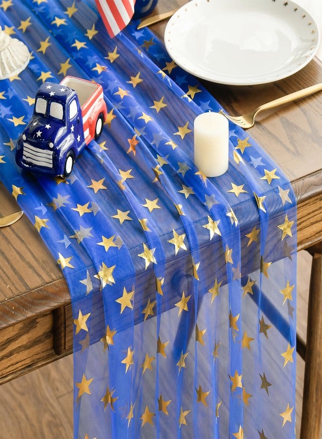 Artoid Mode 4th of July Gold Stars Blue Gauze Table Runner 120 Inch 10FT,Glitter Metallic Foil Sheer Dining Holiday Table Decor for Home Party - Image 1