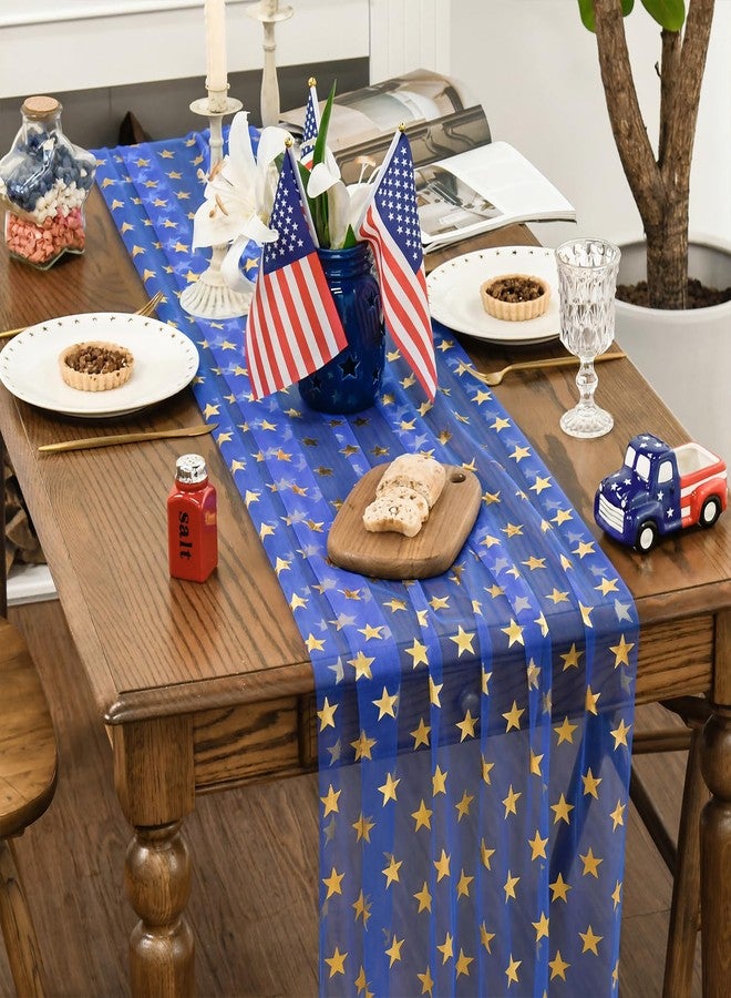 Artoid Mode 4th of July Gold Stars Blue Gauze Table Runner 120 Inch 10FT,Glitter Metallic Foil Sheer Dining Holiday Table Decor for Home Party - Image 2