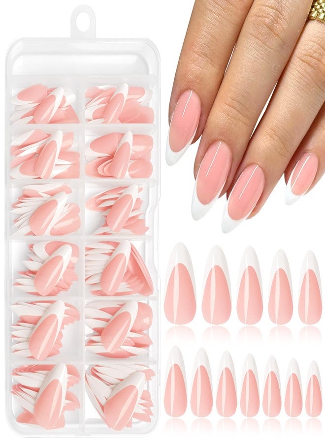 Lifextol 214 Pc White French Tip Press on Nails Medium Fake Nails Press ons with 10*Adhesive Tabs, Pink Almond Acrylic Nails Press on Nails French Tip Nails False Artificial Fingernails Stick on Nails - Image 1