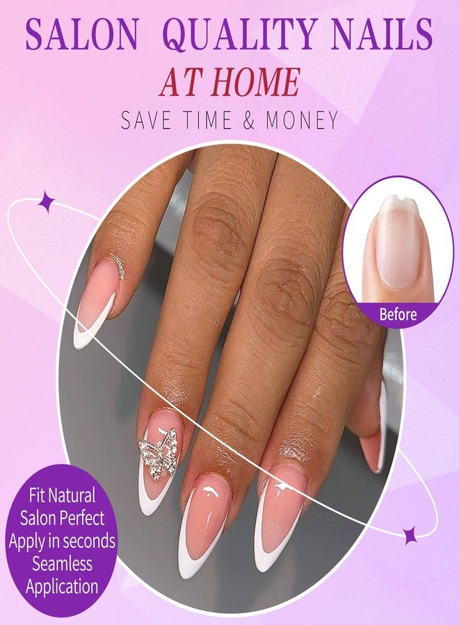 Lifextol 214 Pc White French Tip Press on Nails Medium Fake Nails Press ons with 10*Adhesive Tabs, Pink Almond Acrylic Nails Press on Nails French Tip Nails False Artificial Fingernails Stick on Nails - Image 2