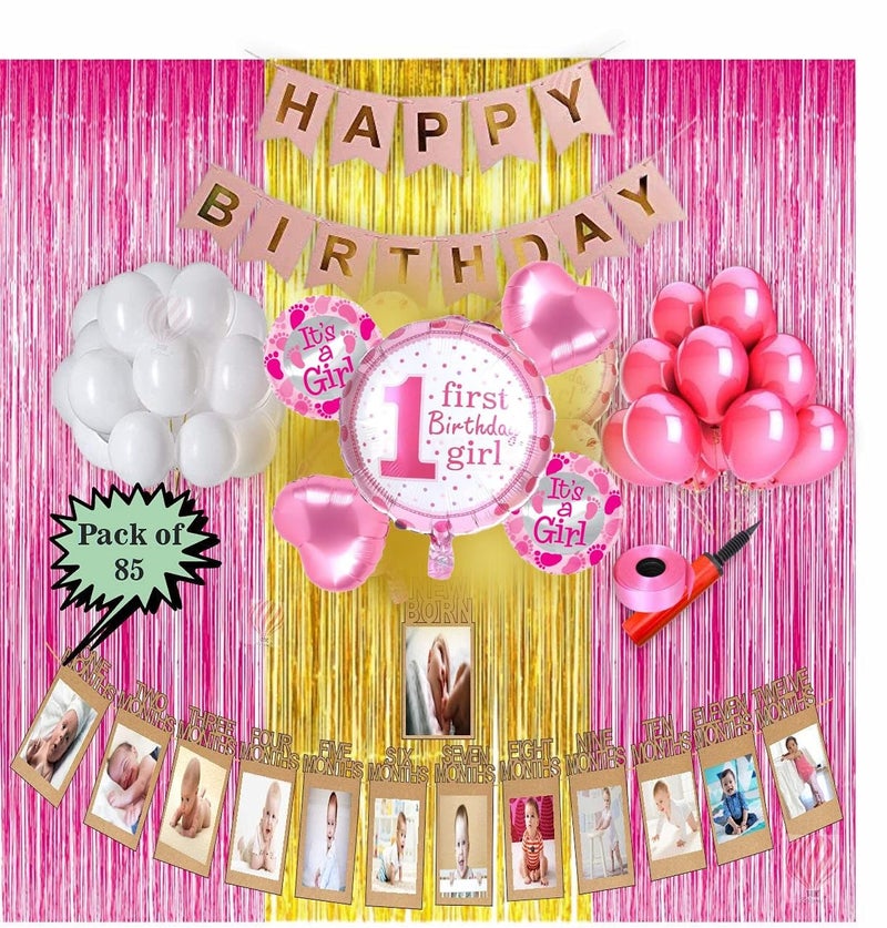 HK Balloons 85 Pcs 1St Birthday Decoration Item Set for Birthday Decoration / Birthday Party Supplies Pink Themed Birthday Celebration Kit For Kids Girl - Image 1