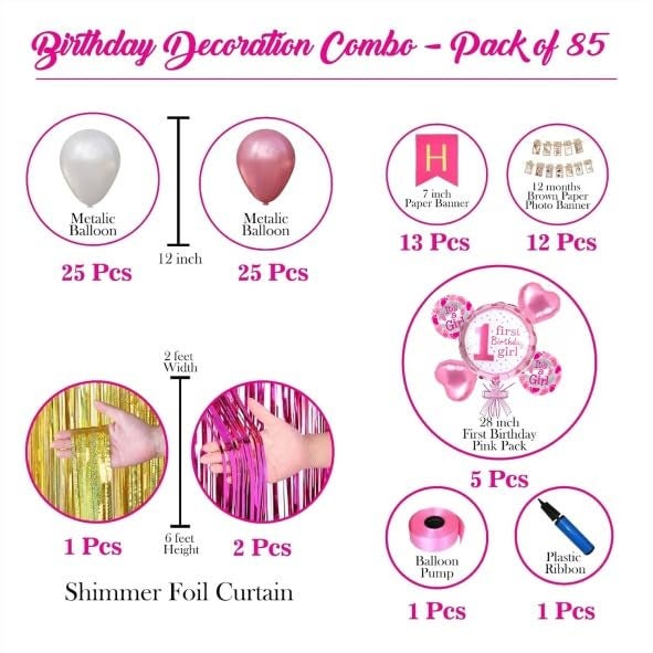 HK Balloons 85 Pcs 1St Birthday Decoration Item Set for Birthday Decoration / Birthday Party Supplies Pink Themed Birthday Celebration Kit For Kids Girl - Image 2
