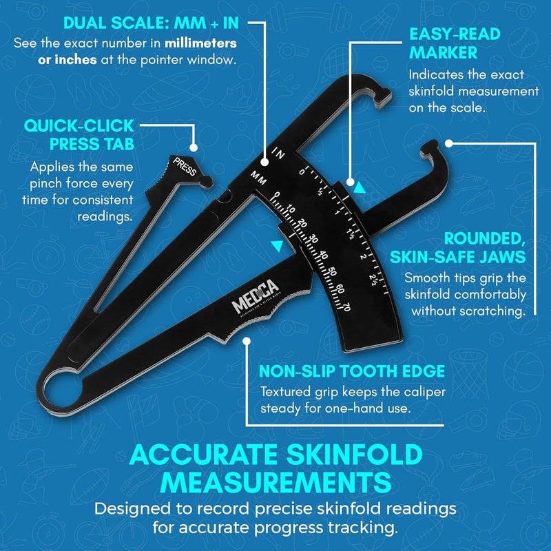 MEDca Body Fat Caliper and Measuring Tape Skinfold Calipers and Body Fat Tape Measure Tool for Accurately Measuring BMI and WeightLoss Black - Image 4