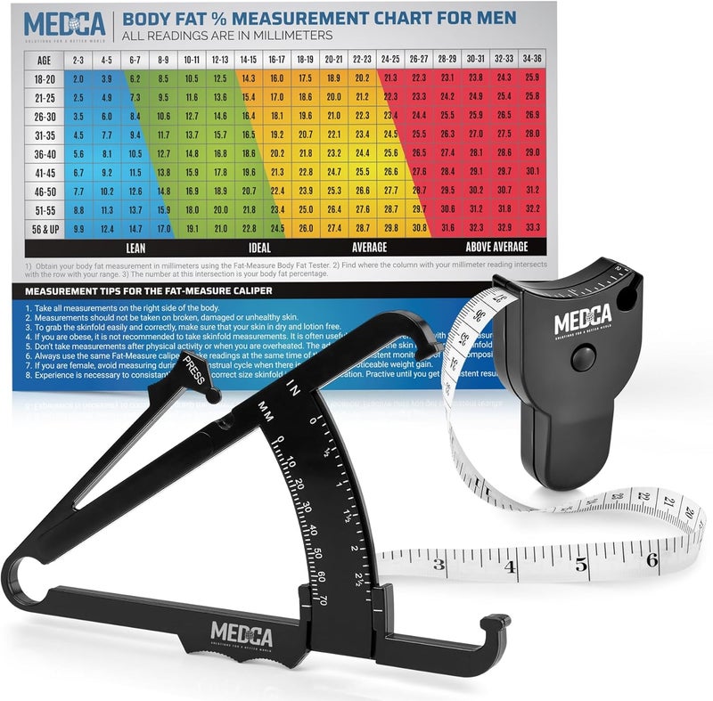 MEDca Body Fat Caliper and Measuring Tape Skinfold Calipers and Body Fat Tape Measure Tool for Accurately Measuring BMI and WeightLoss Black - Image 1