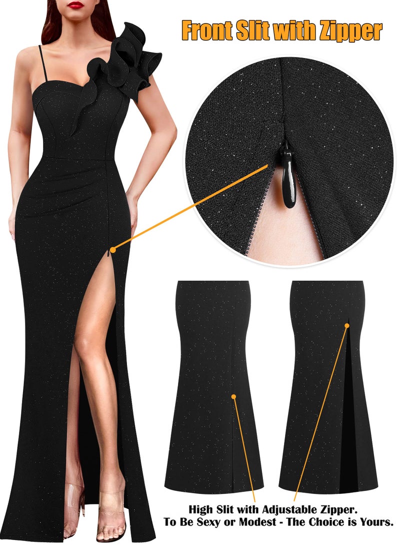 VFSHOW Womens Ruffle One Shoulder Strap Ruched Formal Prom Wedding Maxi Dress V Neck Elegant Split Cocktail Evening Long Gown (Sparkly Black, Small) 10532 BLK S - Image 5