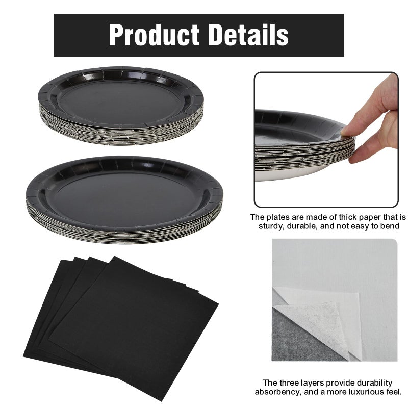 Ottin 169pcs Black Paper Plates and Napkins Party Supplies Plastic Spoon Fork Knives Cup Tablecloth Disposable Decorations for Men's Birthday Wedding Dinner Party Father's Day Memorial Day Juneteenth - Image 2