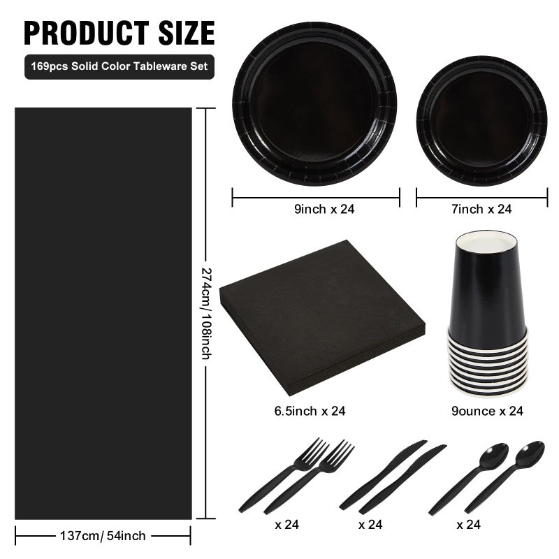 Ottin 169pcs Black Paper Plates and Napkins Party Supplies Plastic Spoon Fork Knives Cup Tablecloth Disposable Decorations for Men's Birthday Wedding Dinner Party Father's Day Memorial Day Juneteenth - Image 1