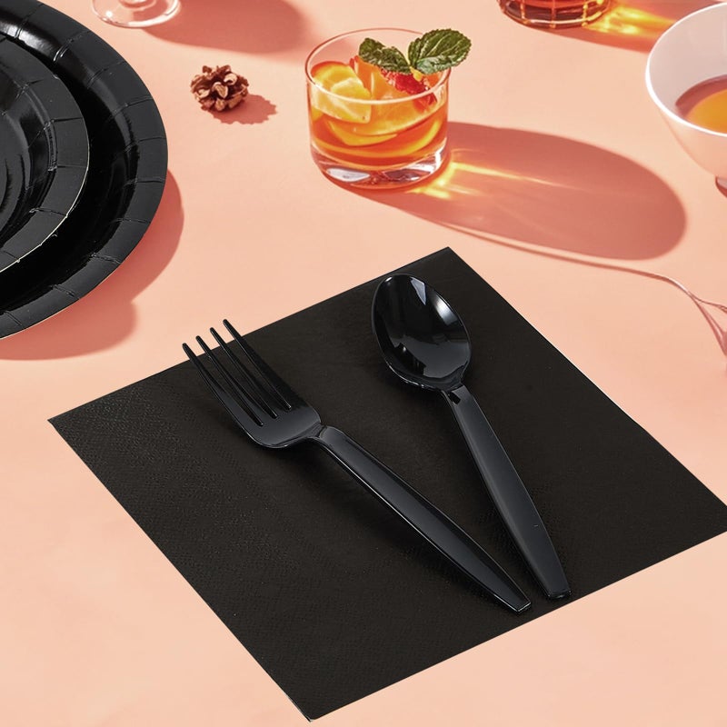 Ottin 169pcs Black Paper Plates and Napkins Party Supplies Plastic Spoon Fork Knives Cup Tablecloth Disposable Decorations for Men's Birthday Wedding Dinner Party Father's Day Memorial Day Juneteenth - Image 3