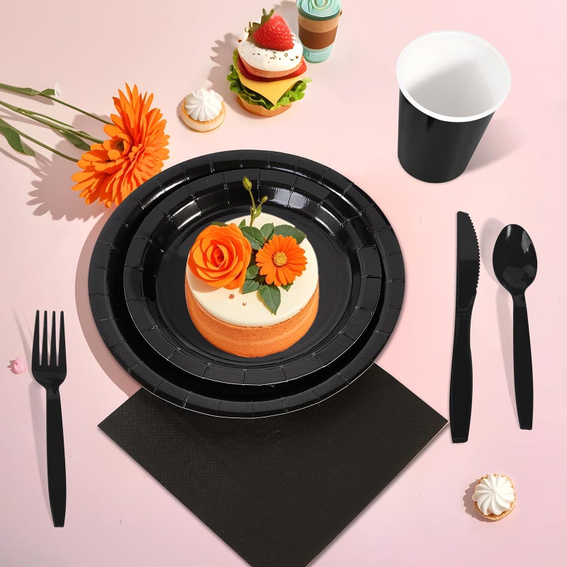 Ottin 169pcs Black Paper Plates and Napkins Party Supplies Plastic Spoon Fork Knives Cup Tablecloth Disposable Decorations for Men's Birthday Wedding Dinner Party Father's Day Memorial Day Juneteenth - Image 4