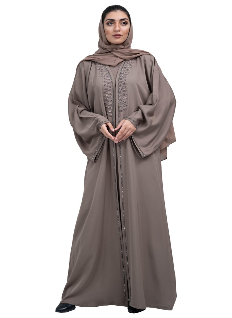 NUKHBAA - Graceful Khaki Nida 2-Piece Abaya Set with Beadwork includes Hijab and Inner Dress-2P633 - Image 1