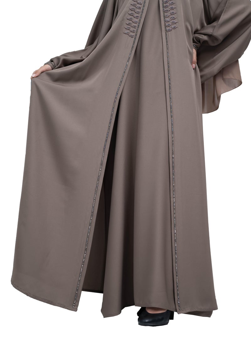 NUKHBAA - Graceful Khaki Nida 2-Piece Abaya Set with Beadwork includes Hijab and Inner Dress-2P633 - Image 1
