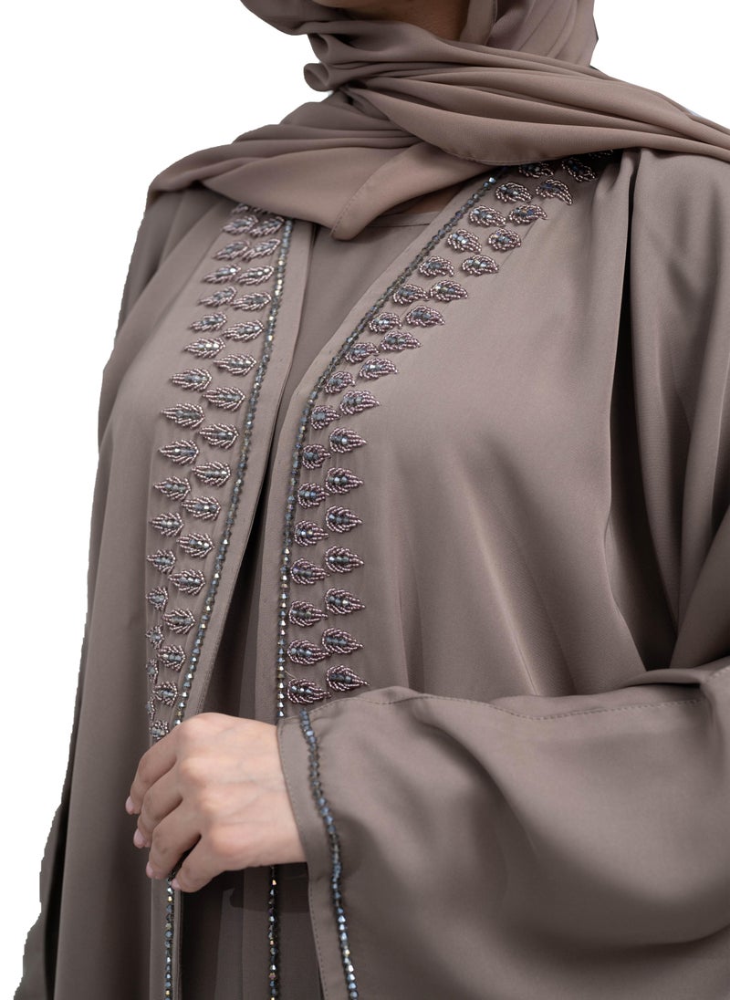 NUKHBAA - Graceful Khaki Nida 2-Piece Abaya Set with Beadwork includes Hijab and Inner Dress-2P633 - Image 1