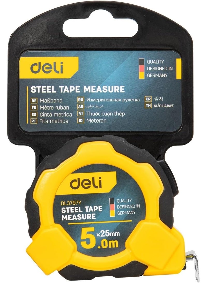 Deli DL3797Y Self-Locking Measuring Tape 5m x 25mm - Wide Blade Professional Tape Measure with Automatic Lock - Durable ABS Case - Image 3