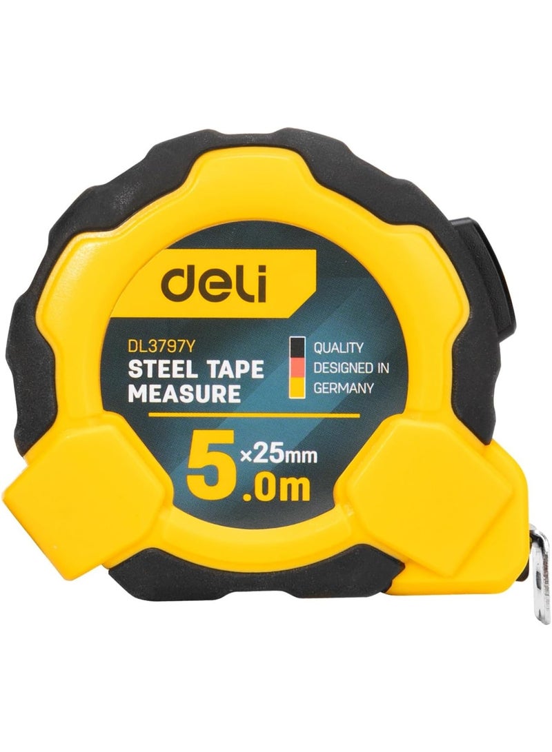 Deli DL3797Y Self-Locking Measuring Tape 5m x 25mm - Wide Blade Professional Tape Measure with Automatic Lock - Durable ABS Case - Image 1