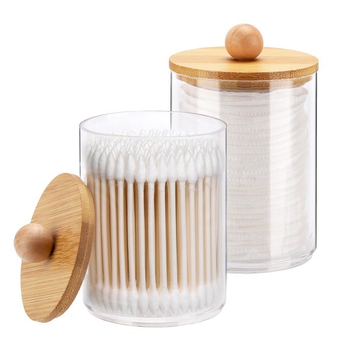 10OUNCE QTIP HOLDER BATHROOM JARS CANISTERS FOR COTTON BALL SWAB PAD STORAGE DISPENZER BAMBOO LID 2 PACK