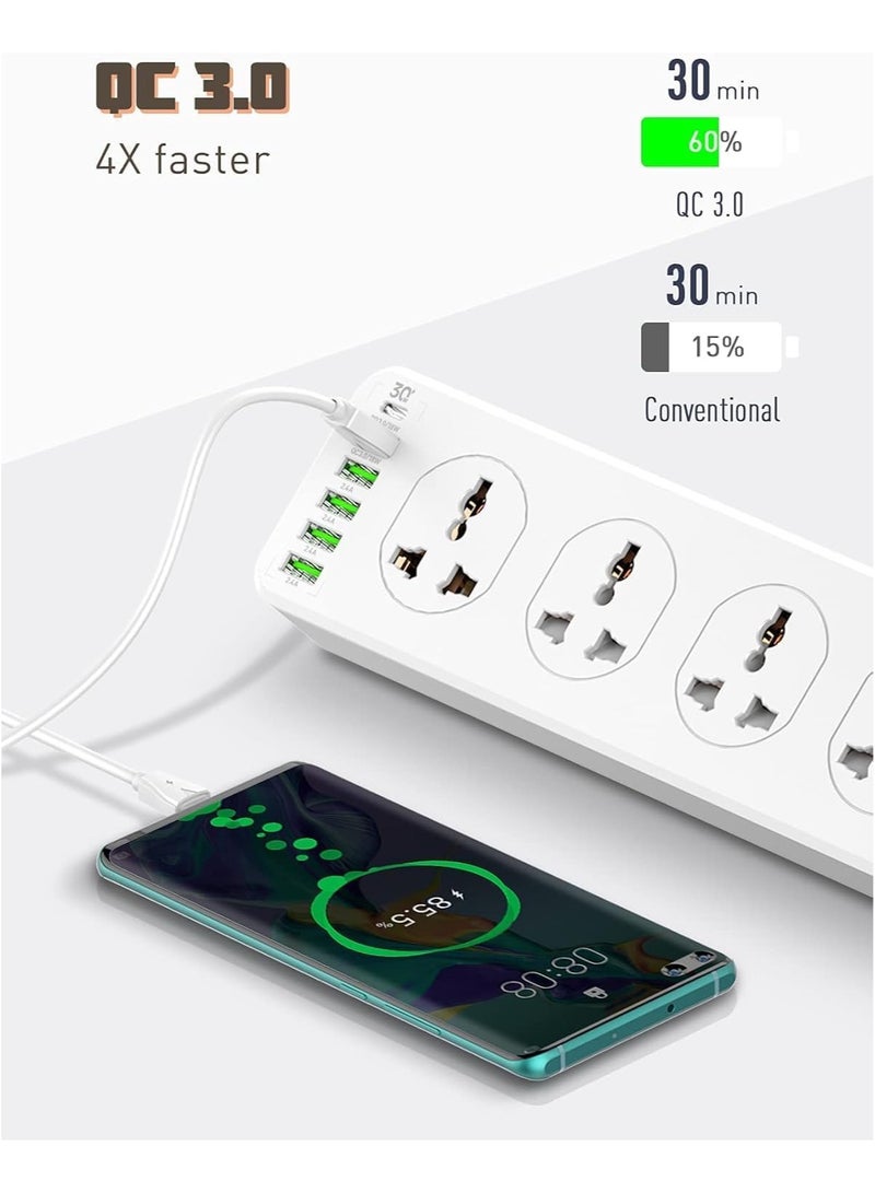 منفذ كهربائي متوافق مع LD.NIO SC10610 2500 واط 10 مقابس 5 منافذ USB ومنفذ TYPE-C PD QC3.0 ملحق سطح المكتب شاحن منزلي مع سلك طاقة 2 متر (أبيض)  - Image 3
