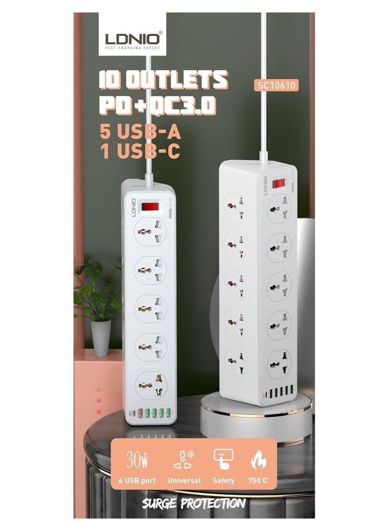 منفذ كهربائي متوافق مع LD.NIO SC10610 2500 واط 10 مقابس 5 منافذ USB ومنفذ TYPE-C PD QC3.0 ملحق سطح المكتب شاحن منزلي مع سلك طاقة 2 متر (أبيض)  - Image 5