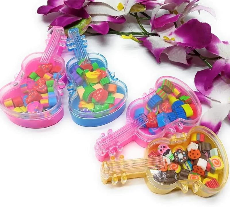 Mini Erasers, set of 2 Cute Guitar Shaped Cases contain 50 mini erasers, Fun School Supplies.