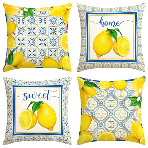 Yarcooly Italian Lemon Pillow Cases - Blue & Cyan Burlap Artifical Fruit Farmhouse Decorations for Spring/Summer Life & Party - Image 1