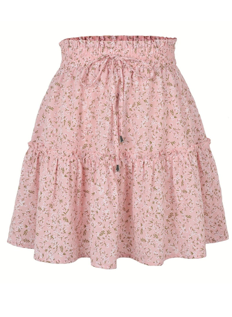 Loquat Women's Summer Cute High Waist Ruffle Skirt Floral Print Swing Beach Mini Skirt Pink 