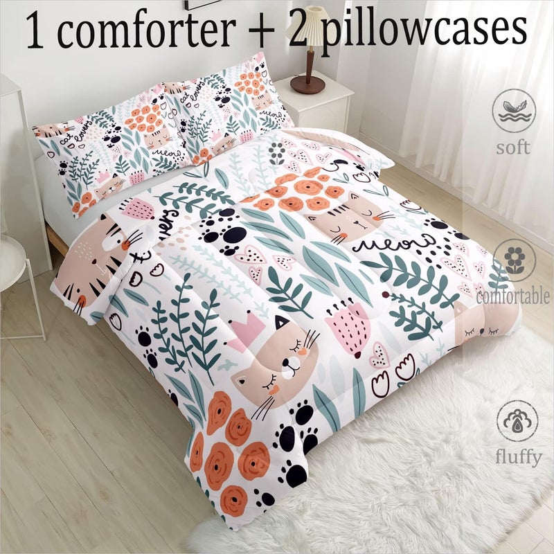 CVHOUSE Cat Bedding,Cartoon Cat Comforter Twin,Animals Print Comforter Set for Kids,Kawaii Quilt Set with 1 Comforter and 2 Pillow Cases - Image 2