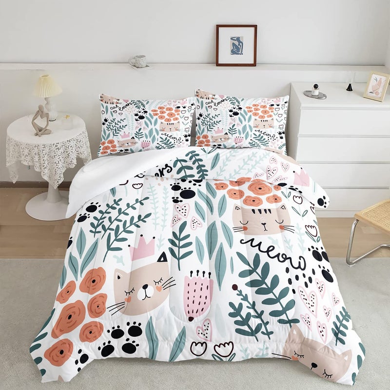 CVHOUSE Cat Bedding,Cartoon Cat Comforter Twin,Animals Print Comforter Set for Kids,Kawaii Quilt Set with 1 Comforter and 2 Pillow Cases - Image 1