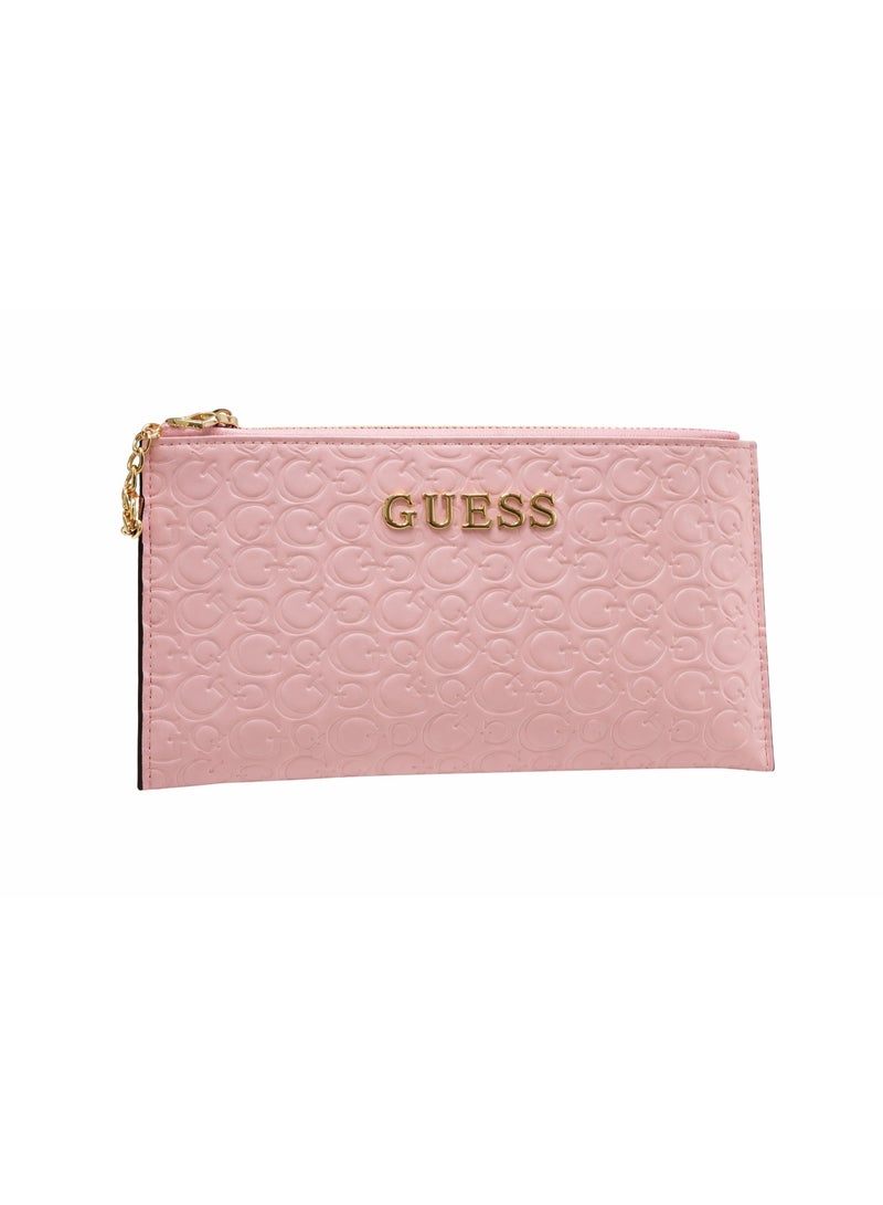 GUESS Blush Pink Embossed Logo Wristlet Pouch with Gold-Tone Detail